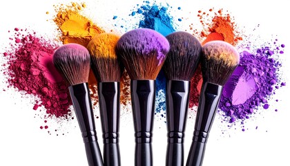 Arrangement of makeup brushes and colorful powder explosions