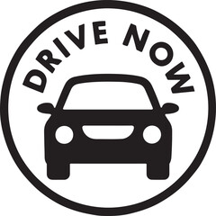 Car front view silhouette forming circular “Drive Now” logo in modern vector design style.