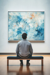 People viewing abstract paintings in modern art gallery exhibition