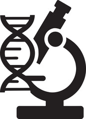 DNA strand and microscope silhouette fused in vector composition for scientific design.