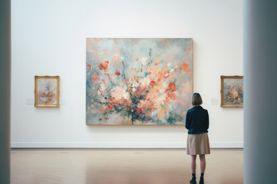 People viewing abstract paintings in modern art gallery exhibition