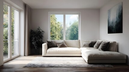 Fototapeta premium Bright minimalist living room with a sectional sofa large overlooking nature and abstract art