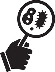Hand holding magnifying glass silhouette inspecting germs in flat vector icon style.