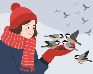 A cartoon illustration of a woman feeding chickadee birds from her hand