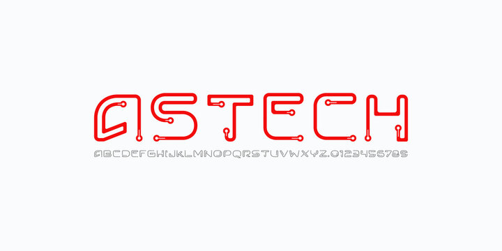 Font tech digital cyber alphabet, trendy black letters cyberpunk tech and numerals vector illustration