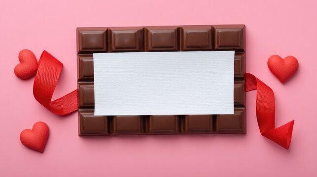 Chocolate Bar with Blank Label Surrounded by Red Hearts and Ribbon on Soft Pink Background for Valentine’s Day or Romantic Occasion Celebration