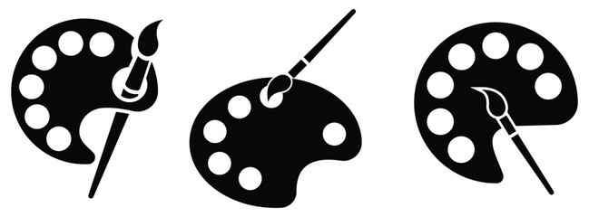 Artist palette and paint brush vector icons — creative painting tools clip art set isolated on white background