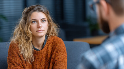 Woman in orange sweater listens intently to someone during a therapy session indoors