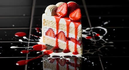 Delicious strawberry shortcake slice drizzled with creamy sauce on black tiles