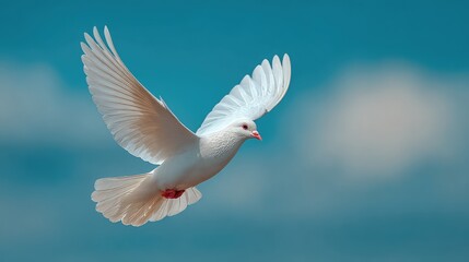 Obraz premium Majestic white dove soaring gracefully through a clear blue sky, symbolizing peace and freedom, with its wings fully extended, showcasing elegance and beauty in nature.