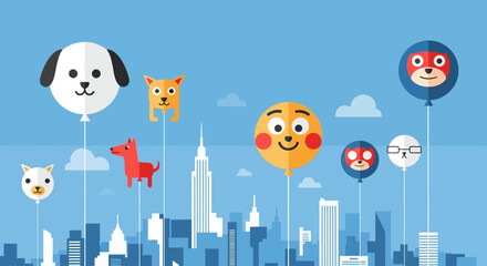 Obraz premium A vibrant flat design illustration capturing the iconic character balloons soaring above a simplified New York City skyline, symbolizing the festive spirit of the Thanksgiving Day Parade. 