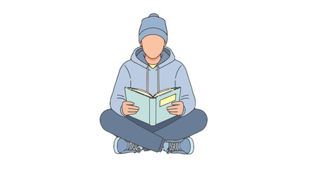 Person wearing blue beanie and hoodie, sitting crosslegged and reading an open book