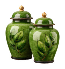 Decorative green ceramic jars with leaf designs home still life isolated on transparent background