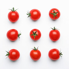 Fresh ripe tomatoes on white background, flat lay