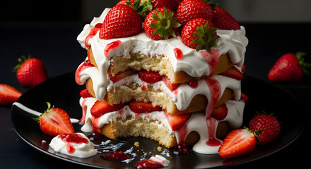 Enticing three-tiered strawberry shortcake with cream and sauce on dark surface