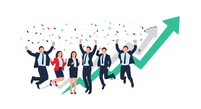 Diverse group business people in suits jumping for joy with confetti falling around them, celebrating success and achievement, with green upward trending graph in the