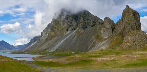 Dramatic Icelandic mountains shrouded in mist