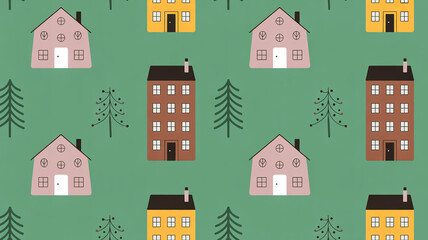 Seamless Pattern of Cartoon Houses and Christmas Trees on a Green Background Keywords: pattern, seamless, background, texture, houses, homes, buildings, trees, Christmas trees, winter, holiday