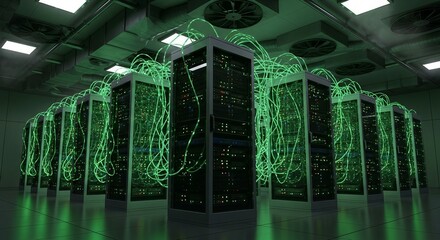 Modern data center with glowing green server racks and advanced technology