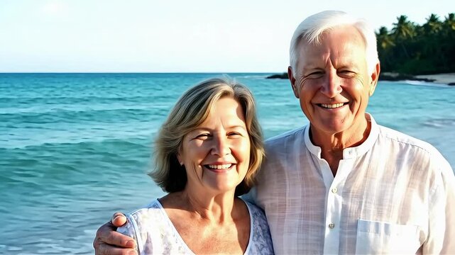 Senior couple embracing on tropical beach, reliving golden memories, celebrating life together near the ocean, vibrant and full of joy