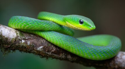 Fototapeta premium Vibrant Green Snake Coiled on Branch in Lush Forest Environment Showcasing Stunning Colors and Intricate Patterns