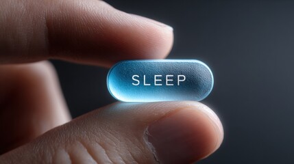 Pill with word sleep held between fingers, blue translucent capsule glowing softly, concept of rest and insomnia relief