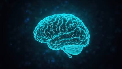 Obraz premium Glowing blue brain illustration against a dark, speckled, abstract background