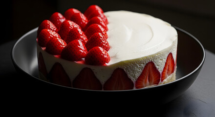 Delectable Strawberry Cake with Creamy Frosting Displayed on Elegant Black Plate