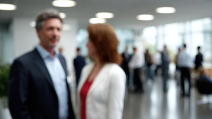 Blurry business people networking in modern office lobby, relaxed professionals conversing during corporate event with natural light and open space