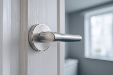 Naklejka premium Doorknob. Door handle and latch of brass on veneer doors. Metal door handle with and keyhole on white door. Close - up elements of the interior of beautiful apartment. Elegance and modernity design