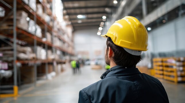 Warehouse supervisor wearing yellow hard hat and dark jacket overseeing inventory and pallet loading in large industrial storage facility with high shelves and safety gear visible