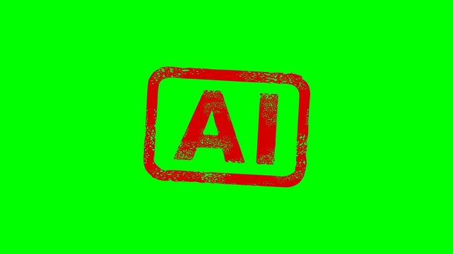 Appearance of a dirty red stamp mark "AI" surrounded by a rounded frame from above on a green screen with alpha channel