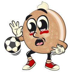 cute sugar donut bun mascot cartoon character vector illustration receive a soccer ball or foot ball, sweet bakery dessert food icon isolated, work of hand drawn