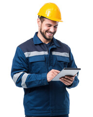 Smiling construction worker in safety gear using tablet for project management in bright yellow hard hat and blue jacket