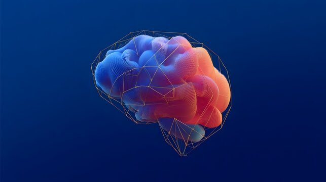 Abstract wireframe encases a colorful, layered brain model. - Powered by Adobe