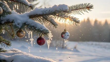 Christmas tree branch with ornaments and icicles snowy winter landscape festive season background