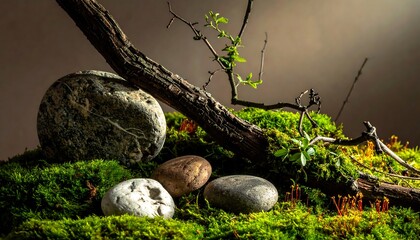 Arrangement of stones, moss, and branch against a neutral backdrop