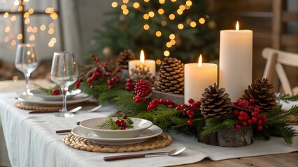 Festive Christmas table setting with candles and natural decorations creating a warm and inviting holiday atmosphere for a special occasion