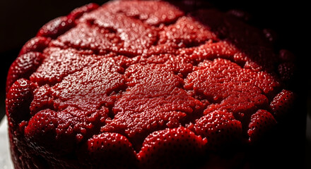 Delicious strawberry cake with vibrant red icing, ready for a celebratory occasion
