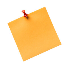 Blank orange sticky note pinned with red pushpin isolated on transparent background