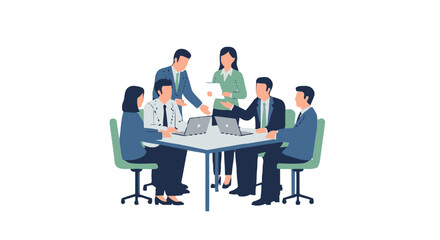 Fototapeta premium Team people in business meeting around table, discussing documents and using laptops