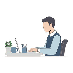 Man working on laptop at desk with office supplies