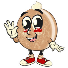 cute sugar donut bun mascot cartoon character vector illustration wave hand, sweet bakery dessert food icon isolated, work of hand drawn