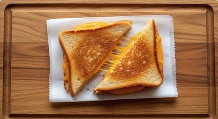 Golden Melt Grilled cheese pull on wooden board with comfort food bliss.