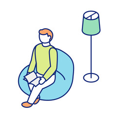 Isometric Illustration of Man Relaxing on Sofa and Reading a Book