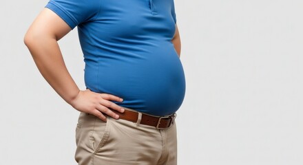 Overweight Mans belly in blue polo shirt on plain background with copy space.