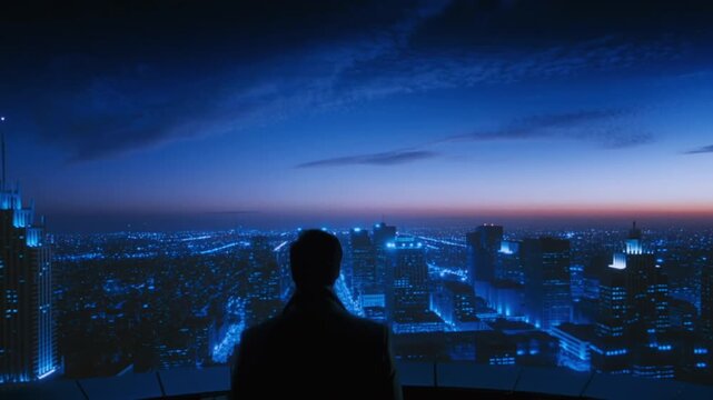 A leader stands on a rooftop helipad at twilight, wind blowing through his coat. The camera rises behind him, revealing a city bathed in blue light.