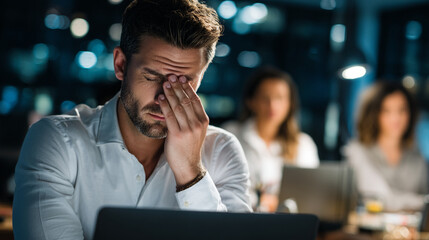 Man in white shirt rubbing his eye in an office setting with blurred background lights