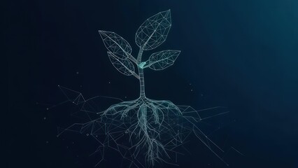 Abstract digital illustration of a young plant sprouting, with intricate root system, on a dark background.  Wireframe style
