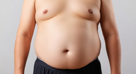 Belly Fat Mans Physique Posing Shirtless Against a Simple Grey Background.